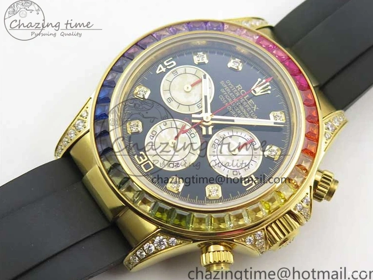 MiroTime 0124 Daytona 116589RBOW YG Rainbow Crystal BLF Best Edition Black Dial on Rubber Strap A EasyMatch 3238